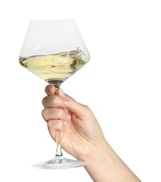 Woman with glass of wine isolated on white, closeup