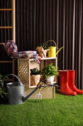 Beautiful plants, gardening tools and accessories on green grass near wood slat wall