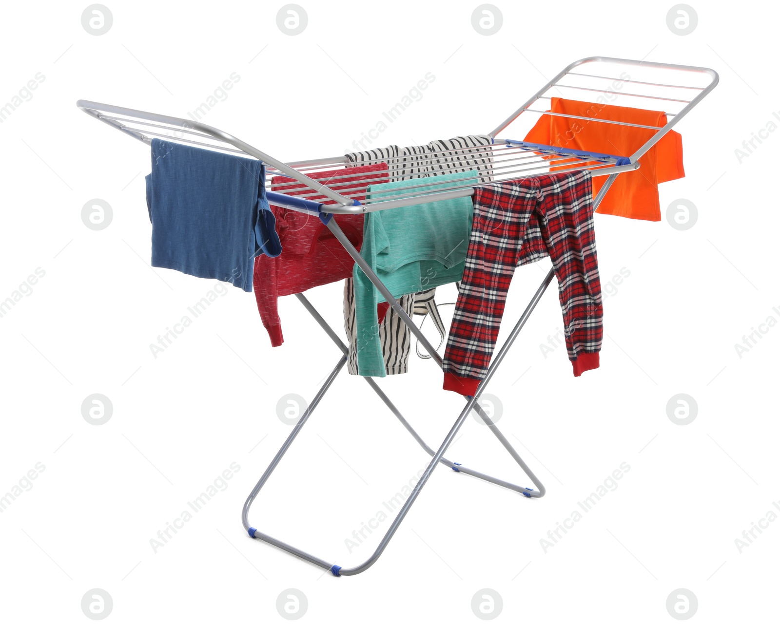 Photo of Modern drying rack with clothes on white background