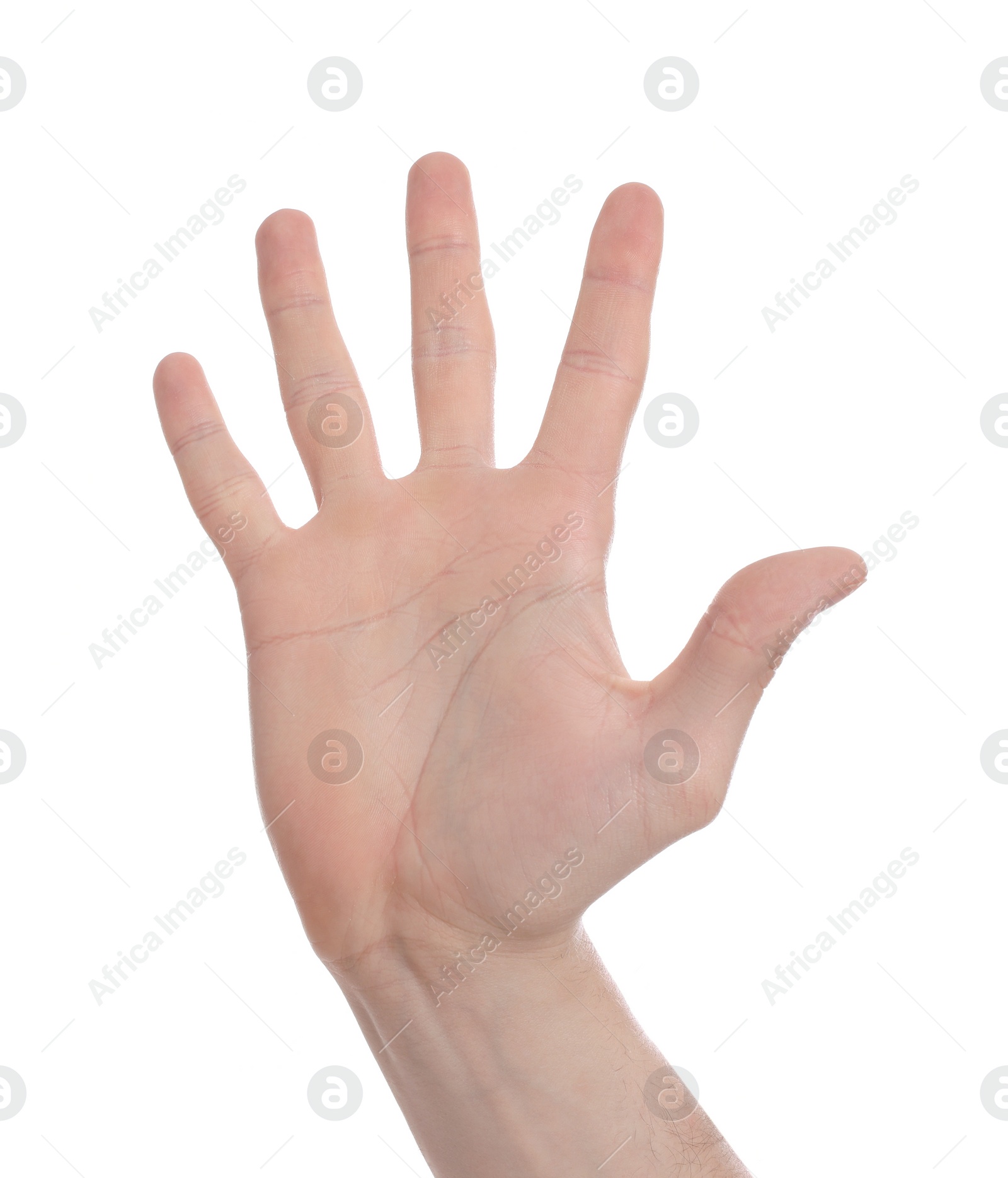 Photo of Man giving high five on white background, closeup of hand