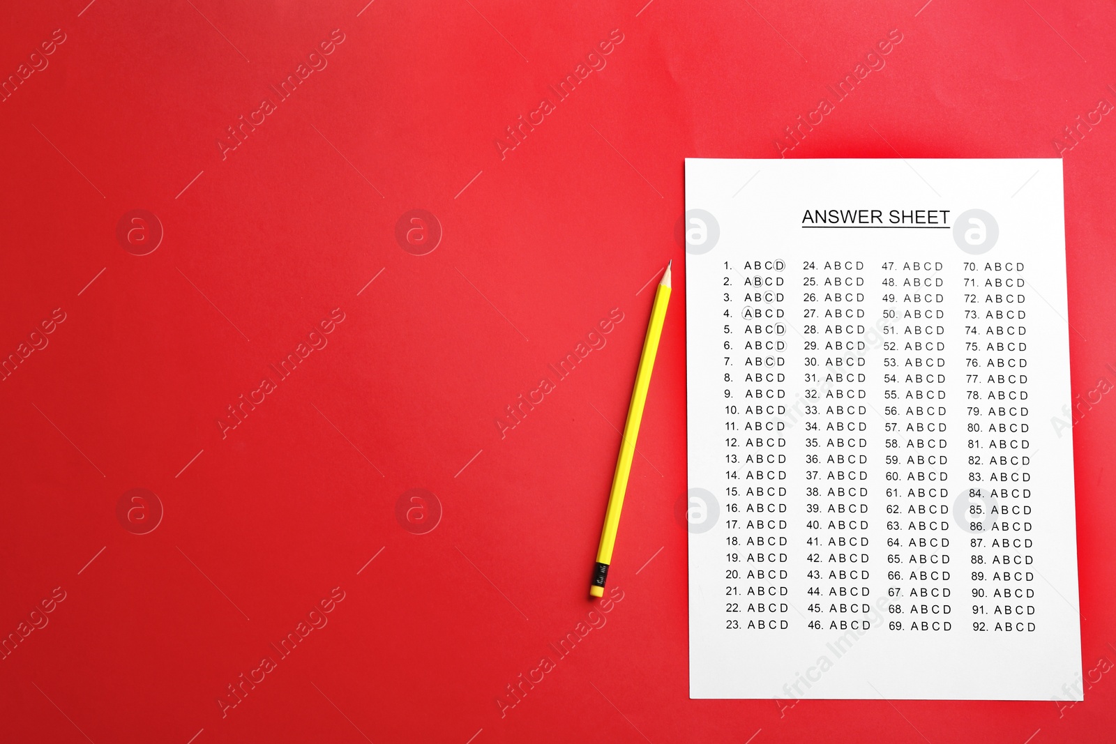 Photo of Answer sheet and pencil on color background, top view with space for text