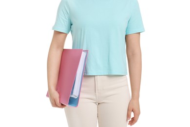 Woman with folder on white background, closeup