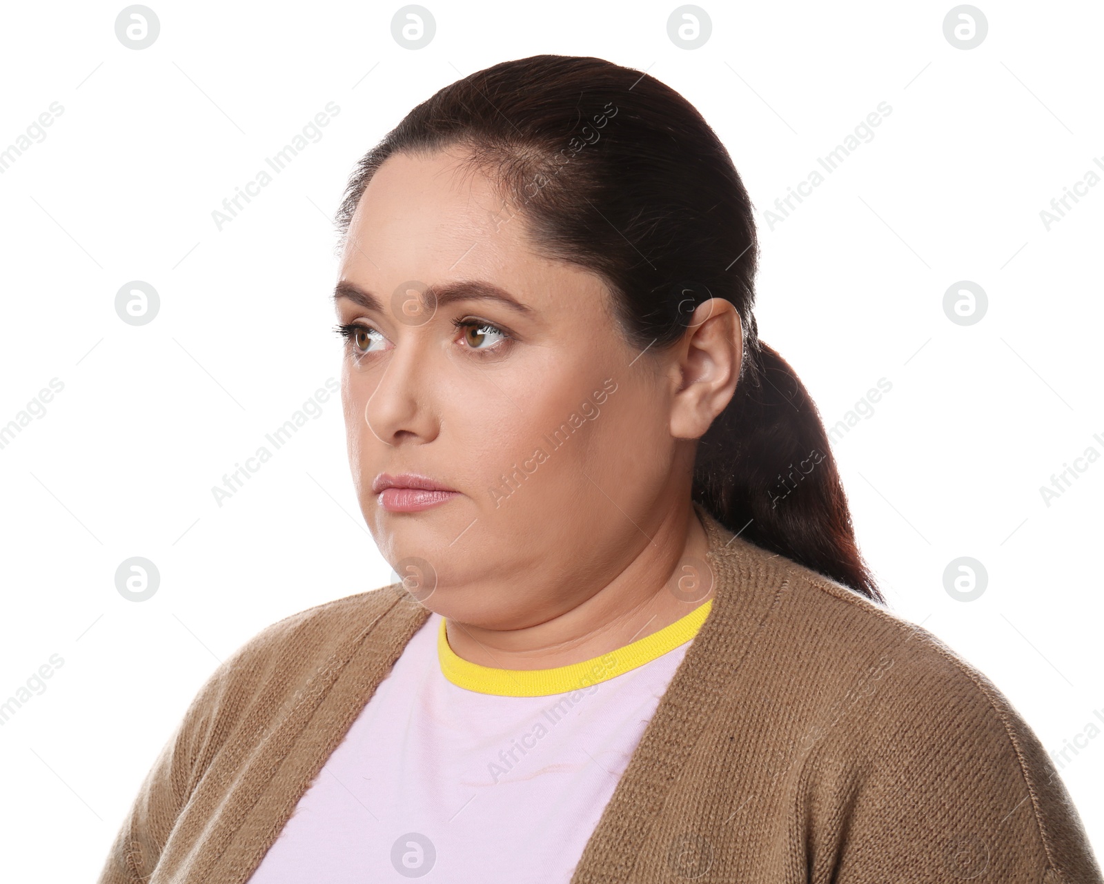 Photo of Woman with double chin on white background