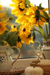 Composition with beautiful flowers and pumpkins near window, closeup. Autumn atmosphere