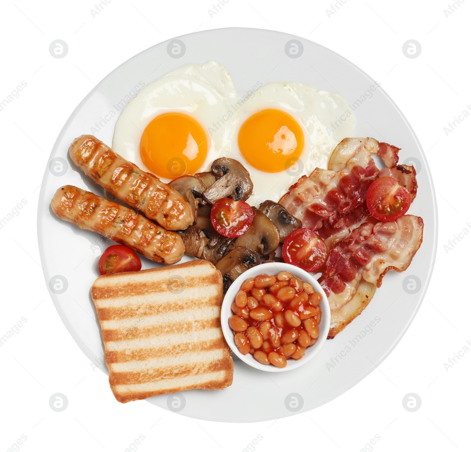 Photo of Plate with fried eggs, sausages, mushrooms, beans, bacon and toast isolated on white, top view. Traditional English breakfast