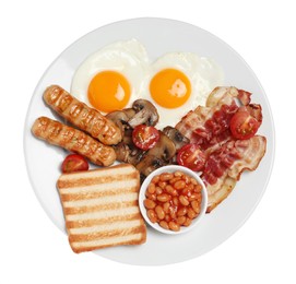 Plate with fried eggs, sausages, mushrooms, beans, bacon and toast isolated on white, top view. Traditional English breakfast