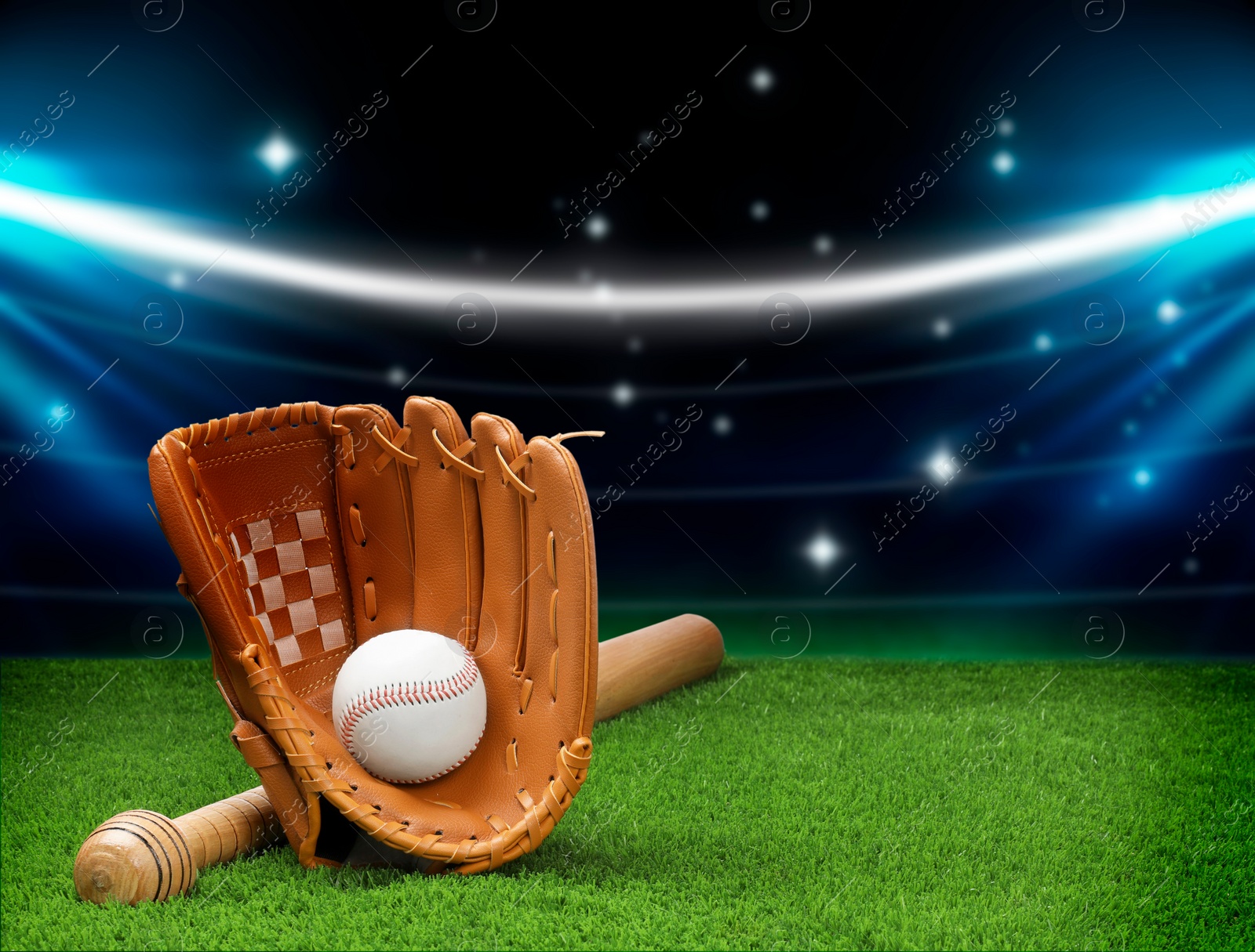 Image of Baseball bat, glove and ball on grass at stadium. Space for text