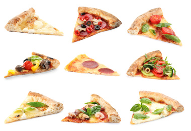 Image of Set with slices of different pizzas on white background 