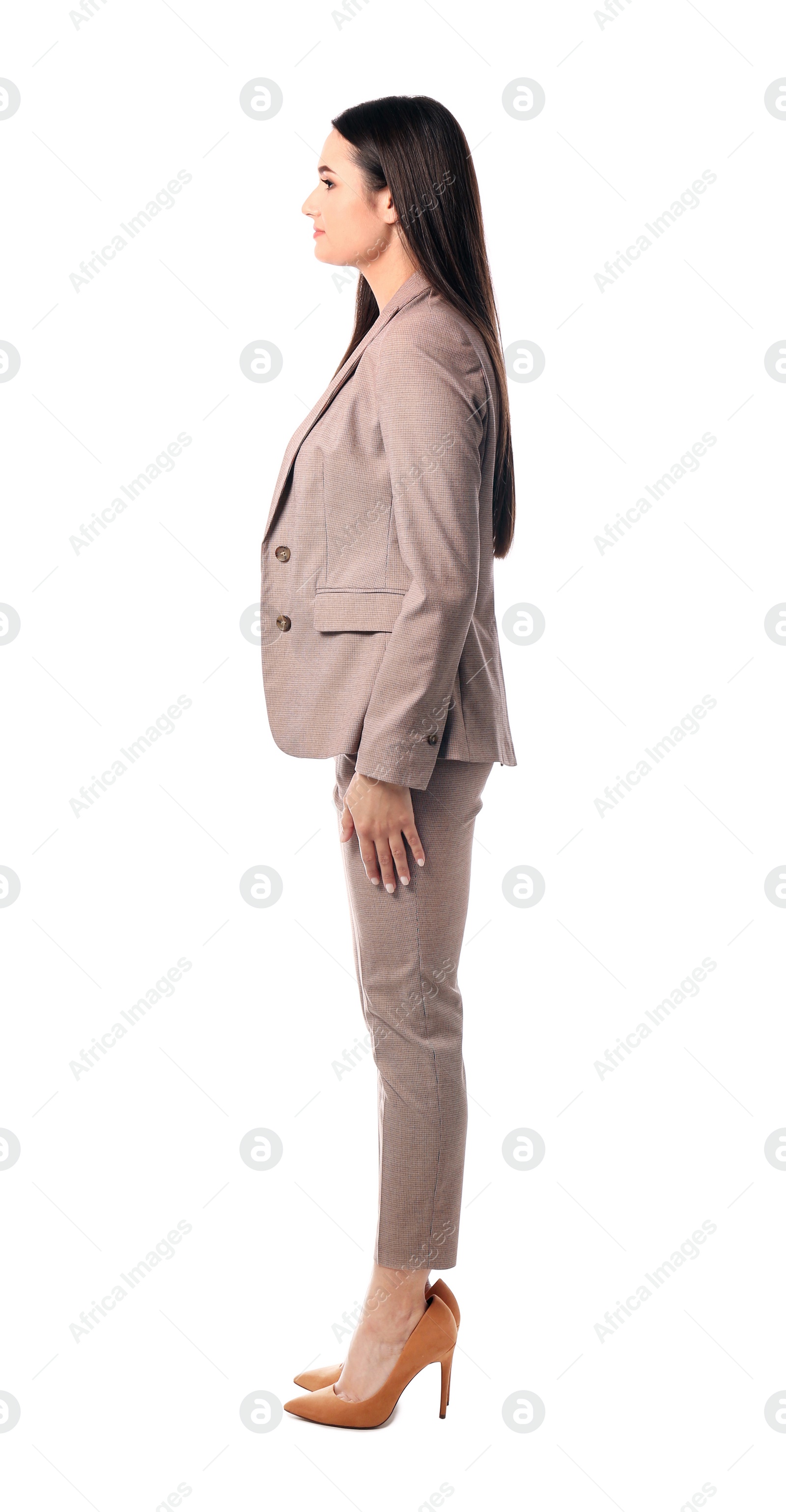 Photo of Full length portrait of businesswoman posing on white background