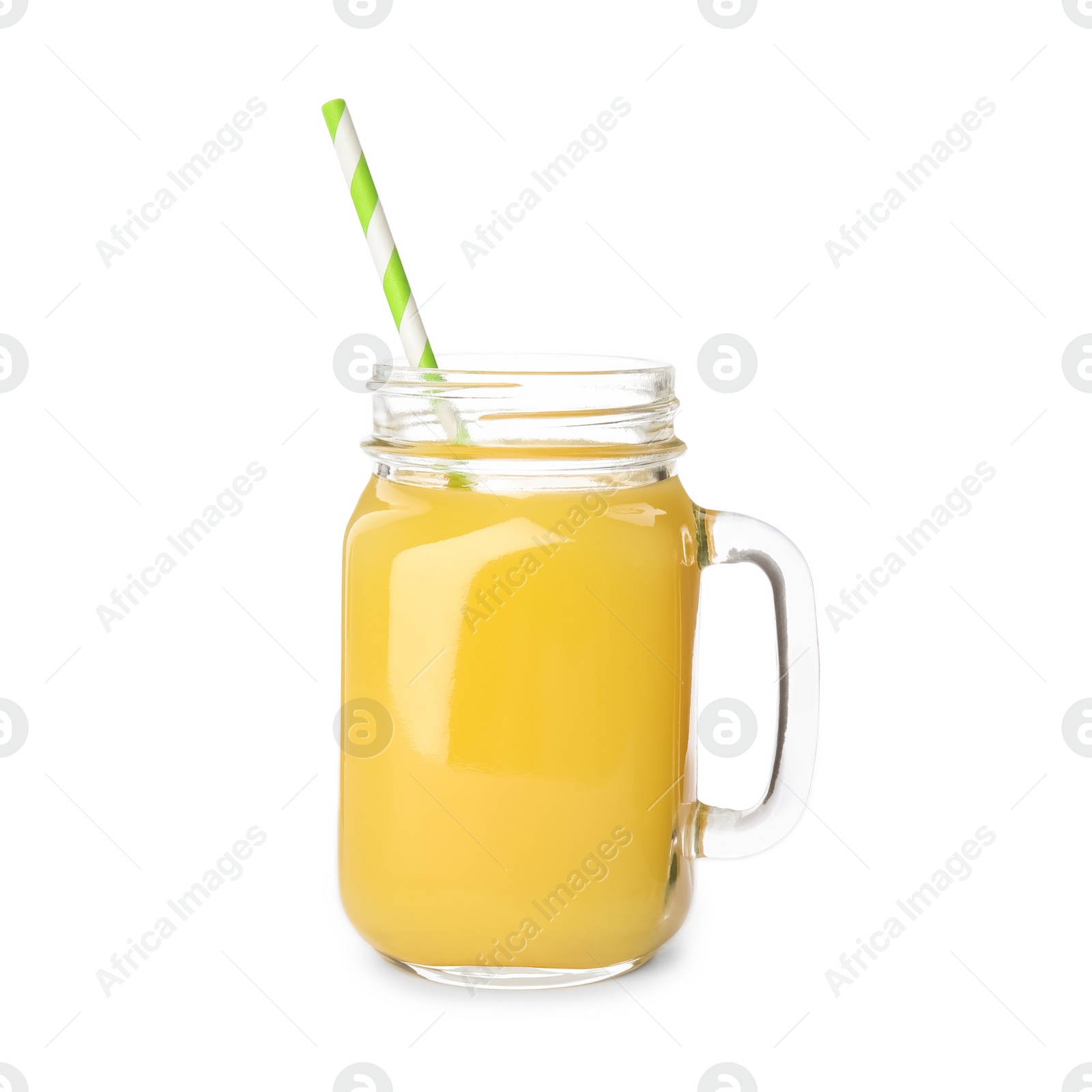 Photo of Mason jar of orange juice  on white background