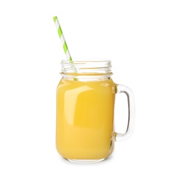 Photo of Mason jar of orange juice  on white background