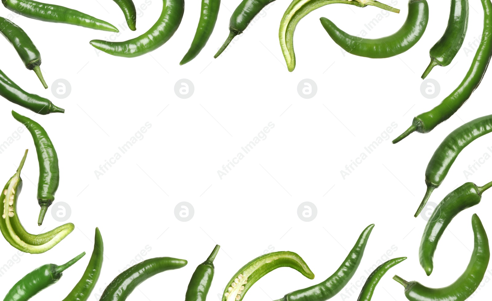 Image of Frame madegreen chili peppers on white background 