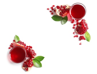 Photo of Glasses of pomegranate juice and fresh fruits on white background, top view with space for text