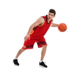 Photo of Professional sportsman playing basketball on white background