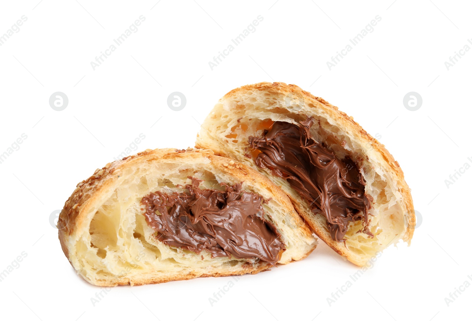 Photo of Halves of tasty croissant with chocolate and sesame seeds on white background