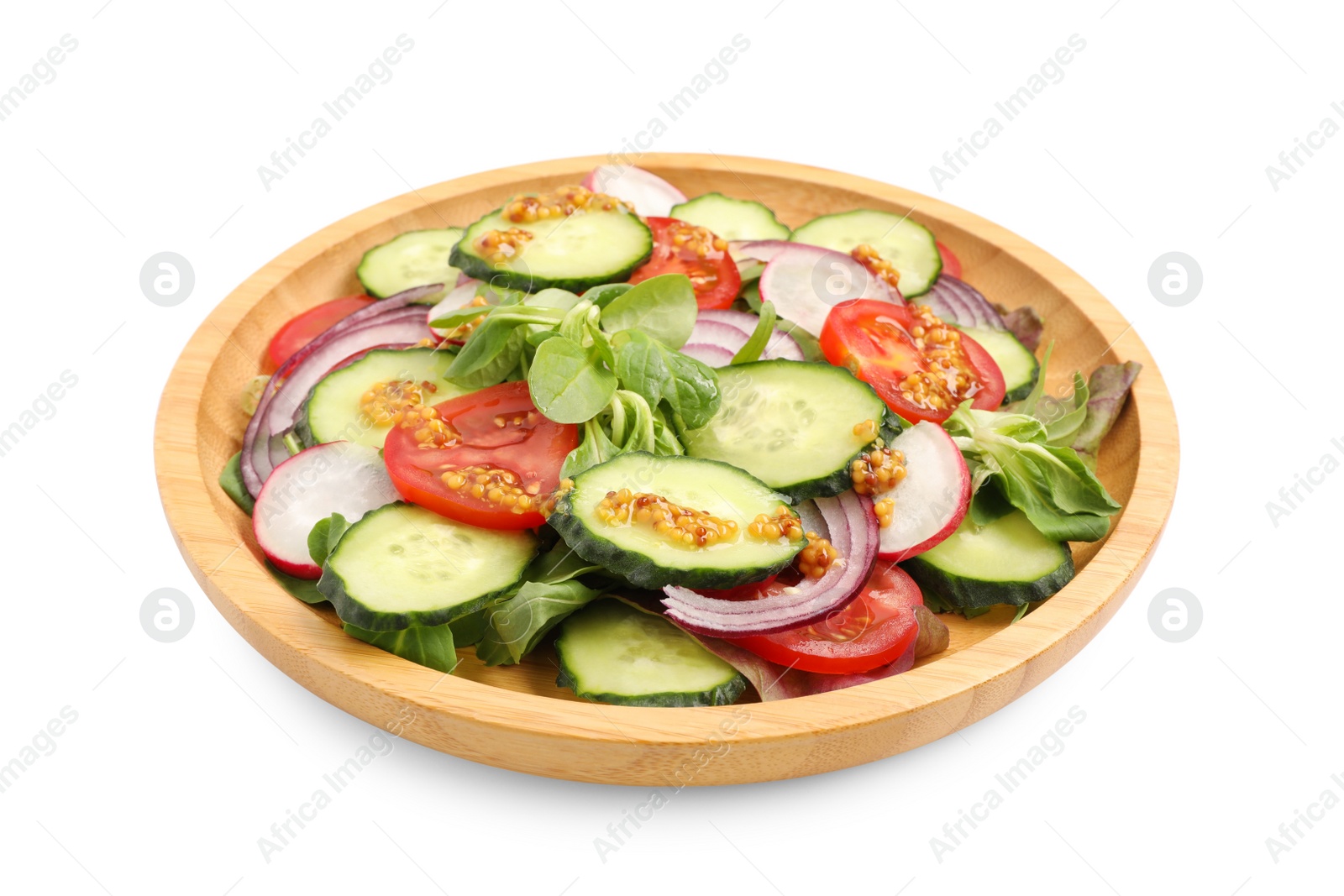 Photo of Tasty salad with different vegetables isolated on white