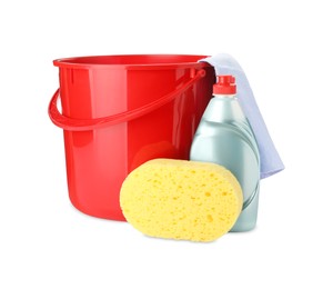 Photo of Red plastic bucket, bottle of detergent and cleaning tools on white background