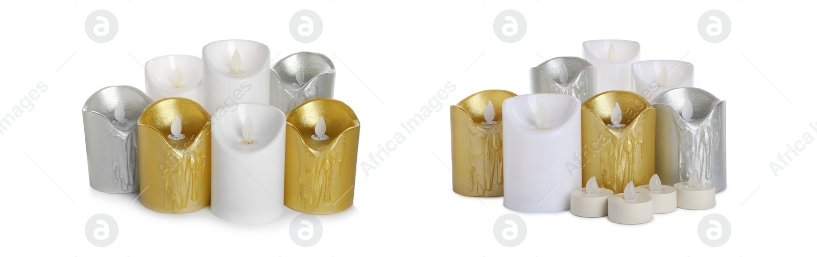 Image of Set with decorative flameless LED candles on white background. Banner design