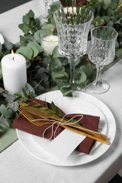 Photo of Luxury table setting with beautiful decor and blank card. Festive dinner