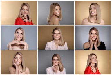 Beautiful woman with hairstyling on different color backgrounds. Collage of photos