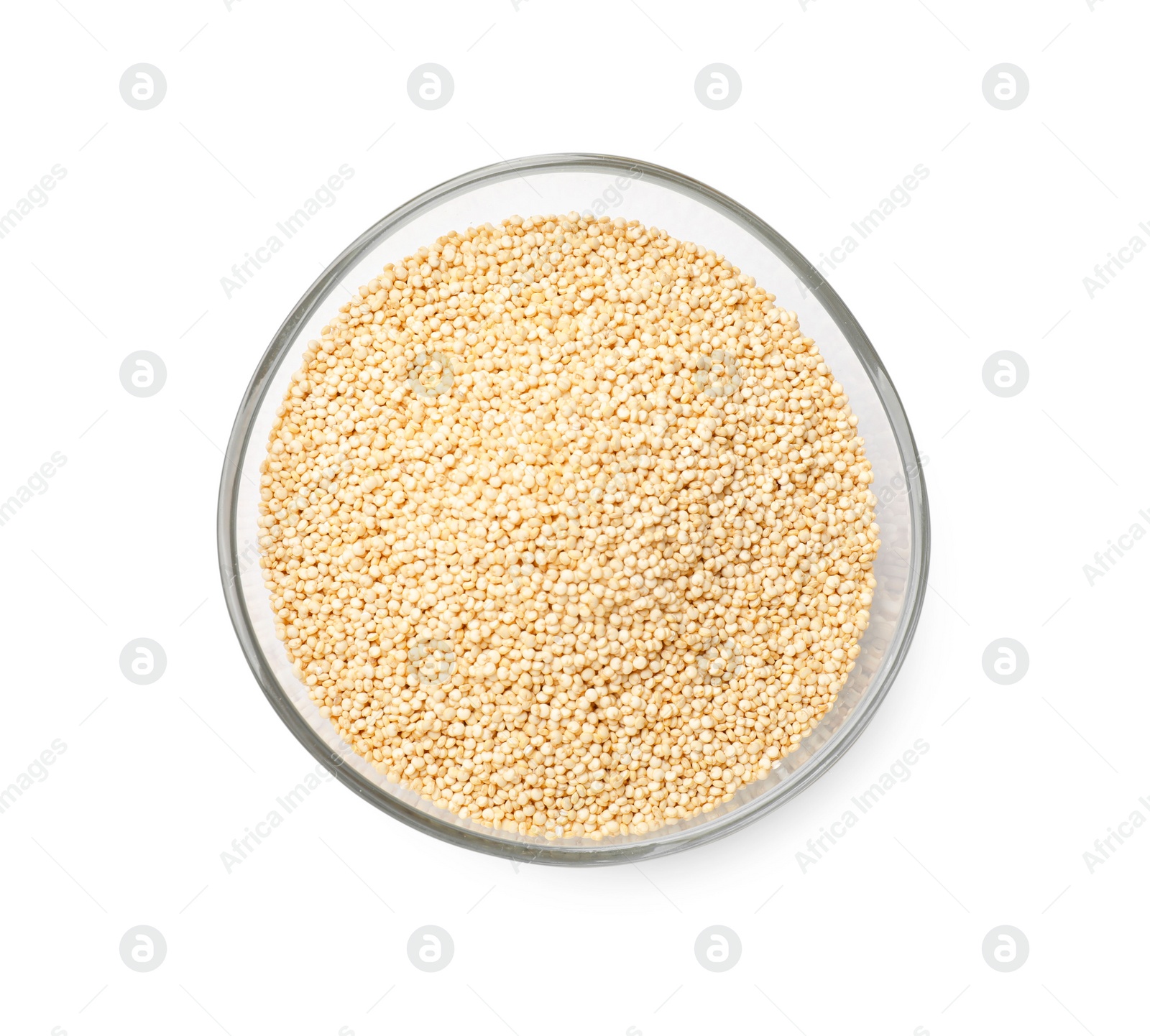 Photo of Raw quinoa in glass bowl isolated on white, top view