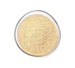 Photo of Raw quinoa in glass bowl isolated on white, top view