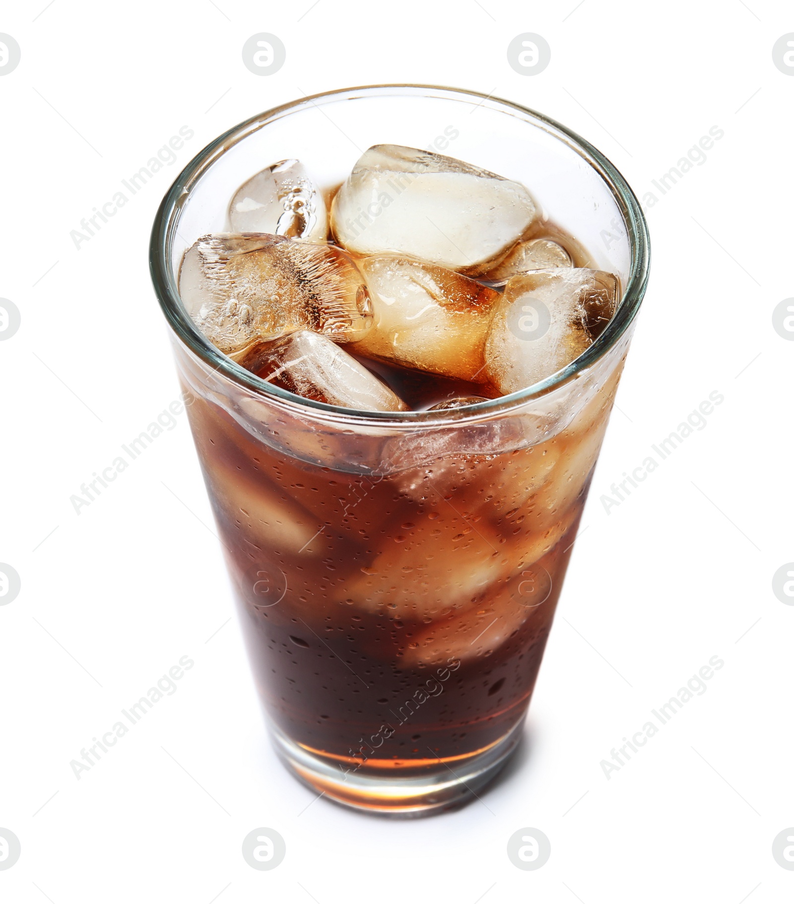 Photo of Glass of refreshing cola with ice cubes on white background