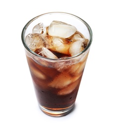 Glass of refreshing cola with ice cubes on white background