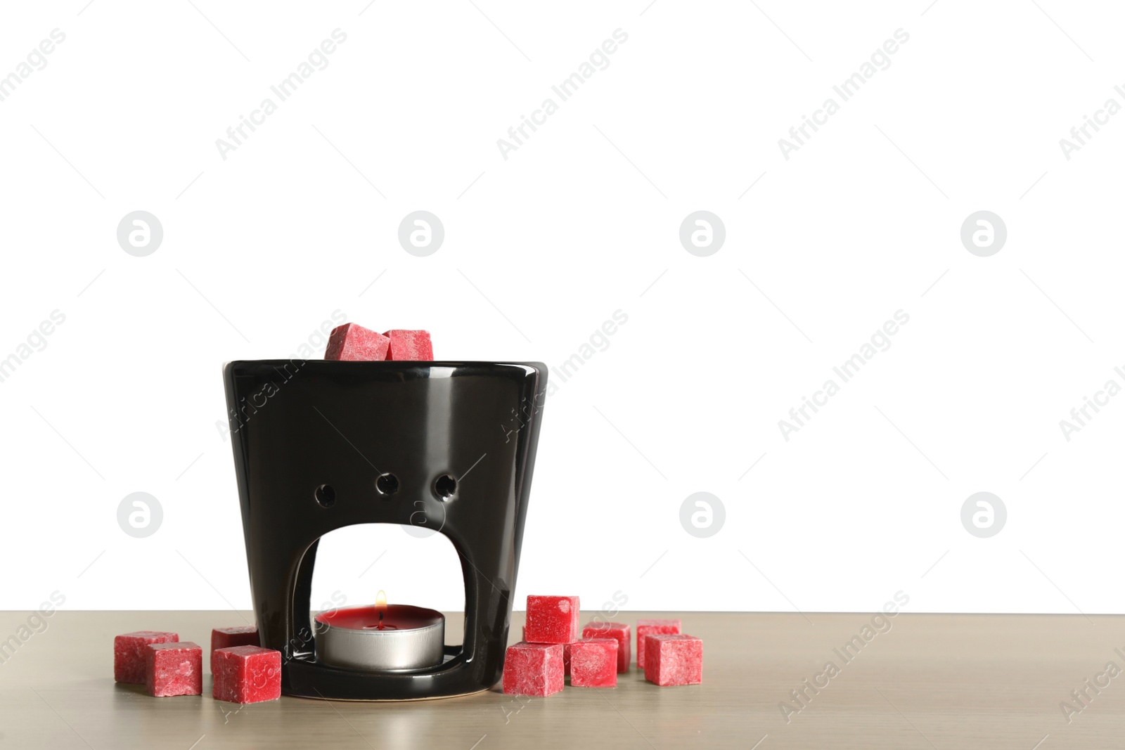 Photo of Composition with aroma lamp on wooden table against light grey background, space for text