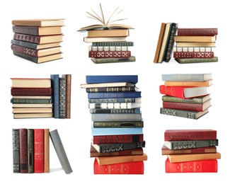 Image of Collection of different hardcover books on white background