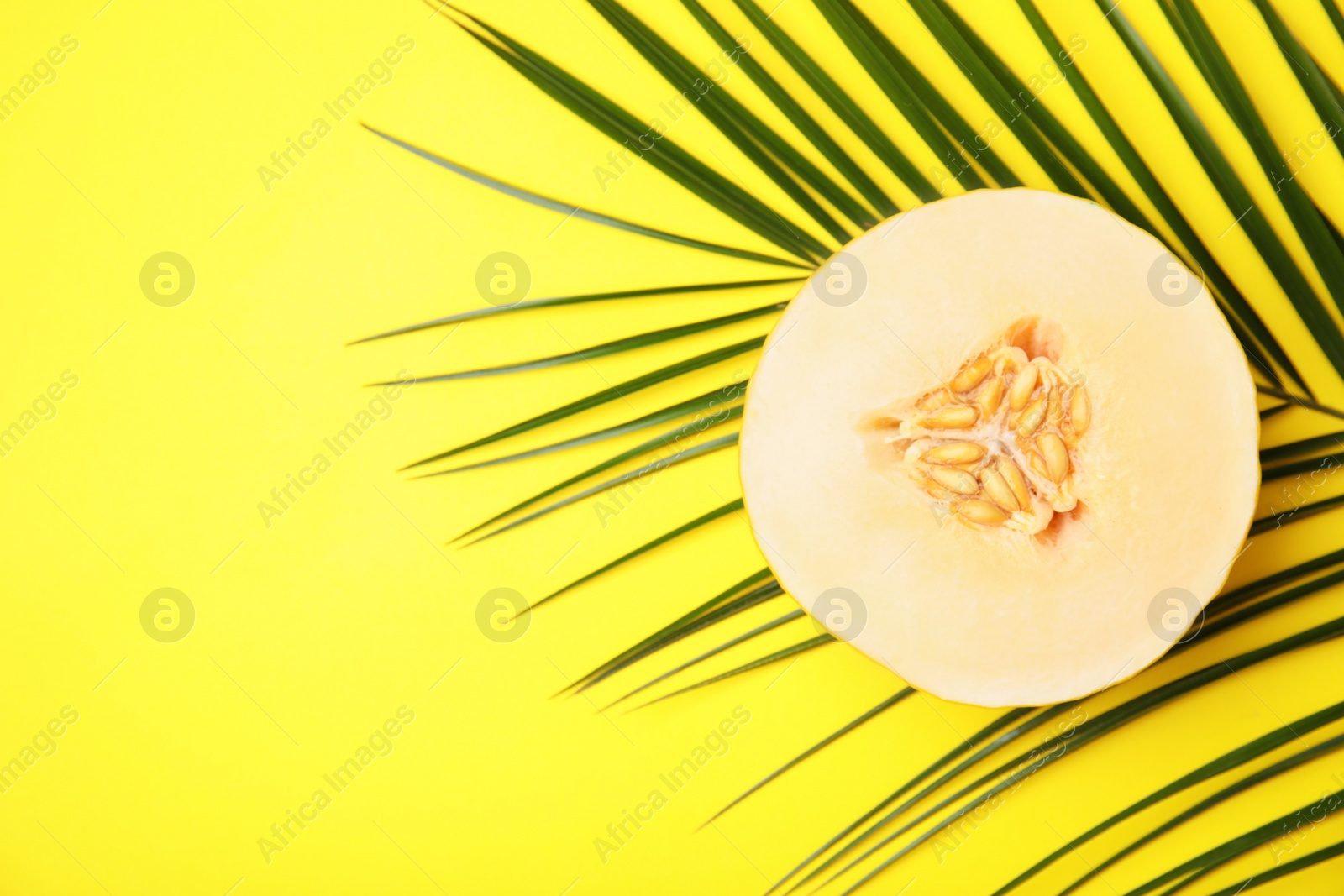 Photo of Flat lay composition with melon, tropical leaf and space for text on color background