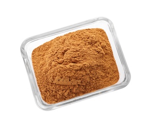 Photo of Bowl with aromatic cinnamon powder on white background