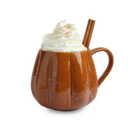 Photo of Mug of pumpkin spice latte with whipped cream and cinnamon stick isolated on white