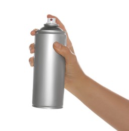 Photo of Woman holding can of spray paint on white background, closeup