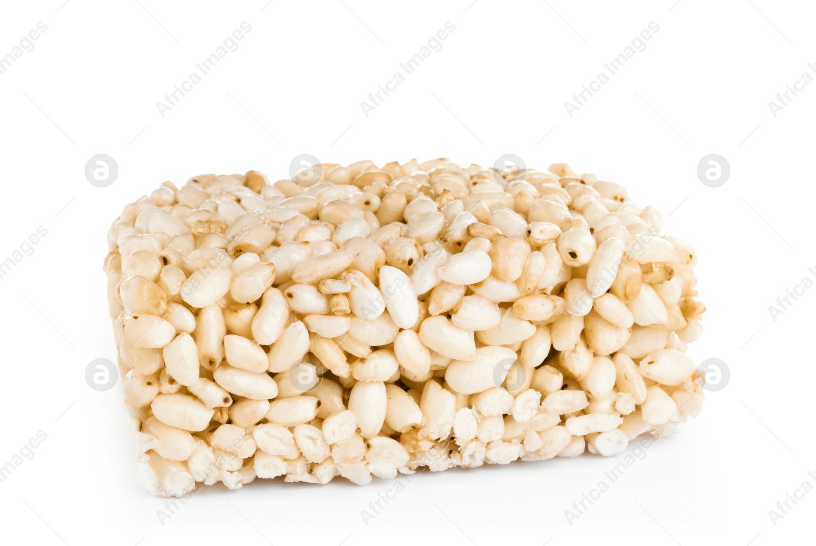 Photo of Bar of delicious rice crispy treat isolated on white