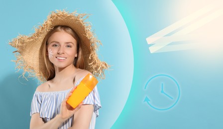 Sun protection product as barrier against ultraviolet, banner design. Beautiful young woman in straw hat with sunscreen against light blue background