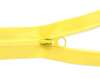 Photo of Yellow zipper on white background, top view