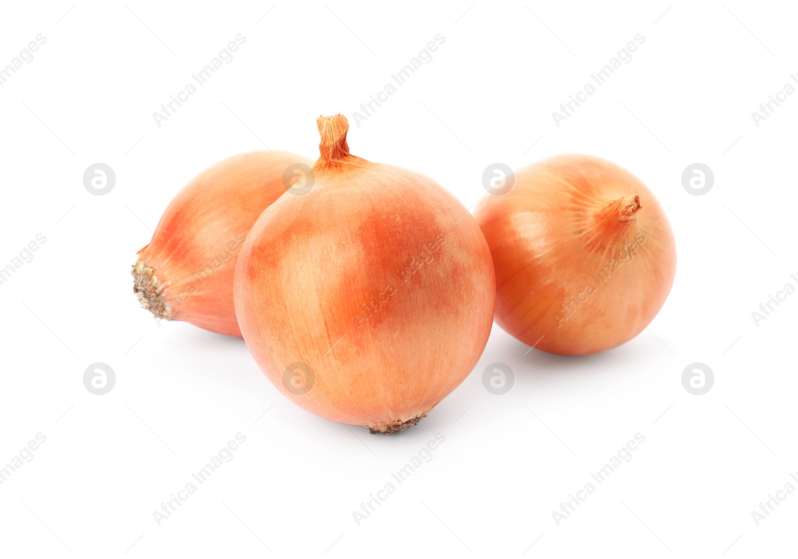 Photo of Fresh yellow onion bulbs isolated on white