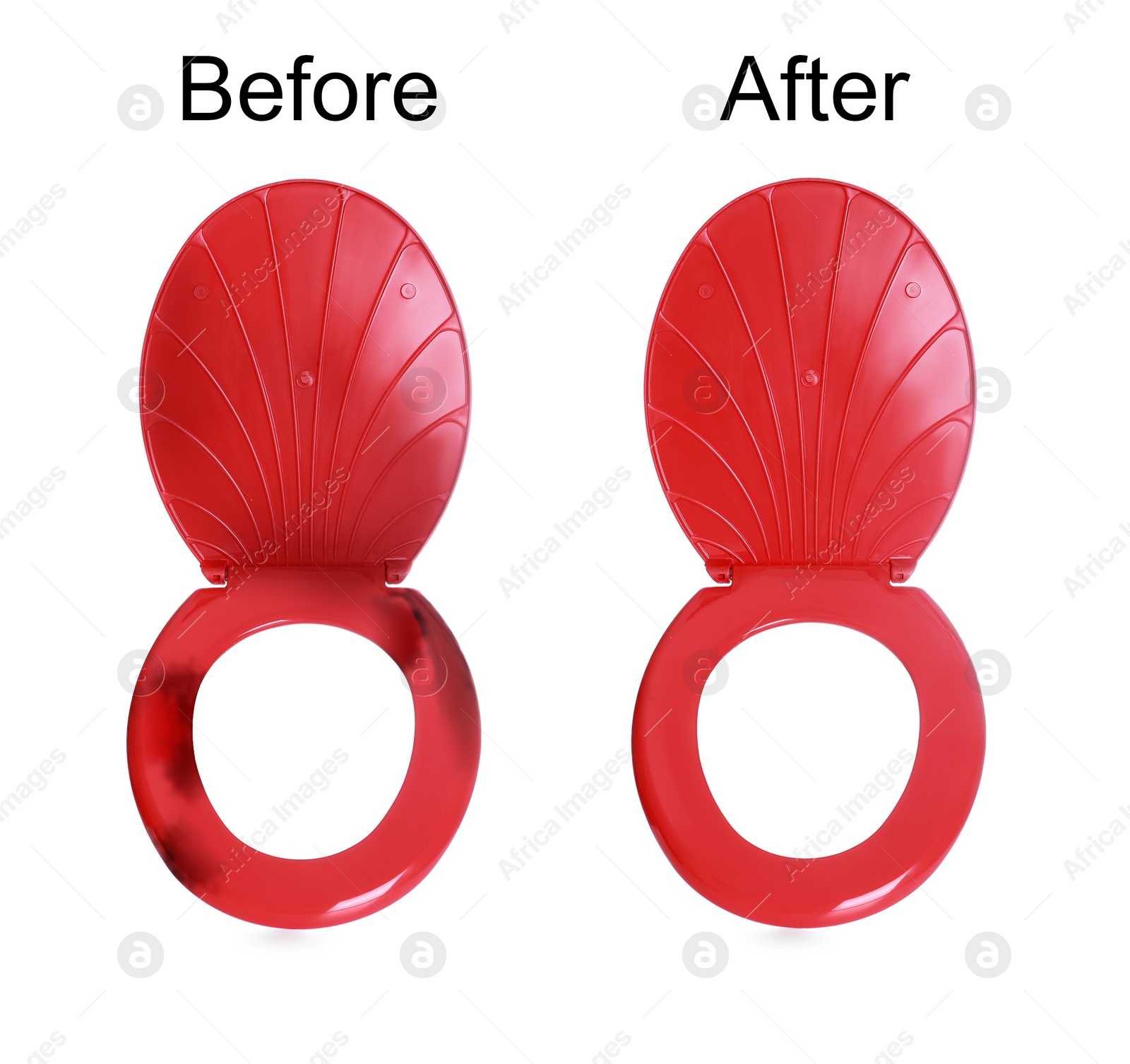 Image of Plastic toilet seats before and after cleaning on white background, collage