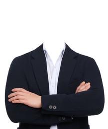 Image of Formal wear replacement template for passport photo or other documents. Headless businessman in jacket and shirt isolated on white