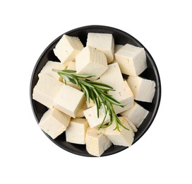 Photo of Delicious tofu cheese and rosemary isolated on white, top view