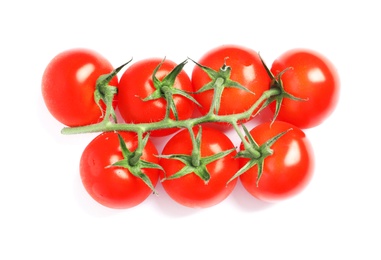 Photo of Branch of fresh cherry tomatoes isolated on white