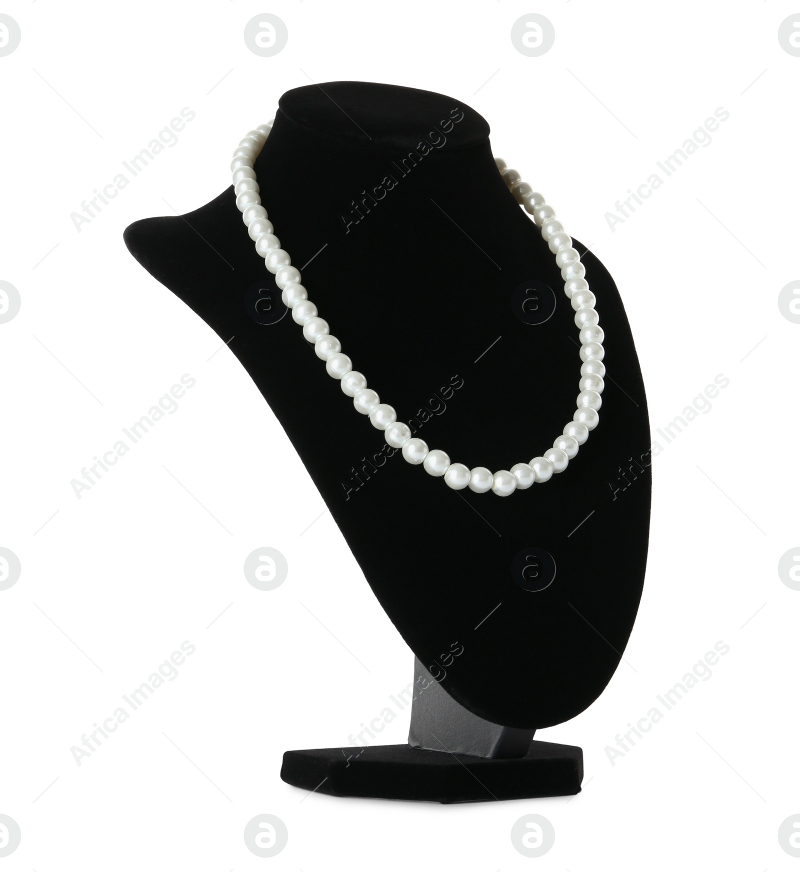 Photo of Stylish pearl necklace on jewelry bust against white background