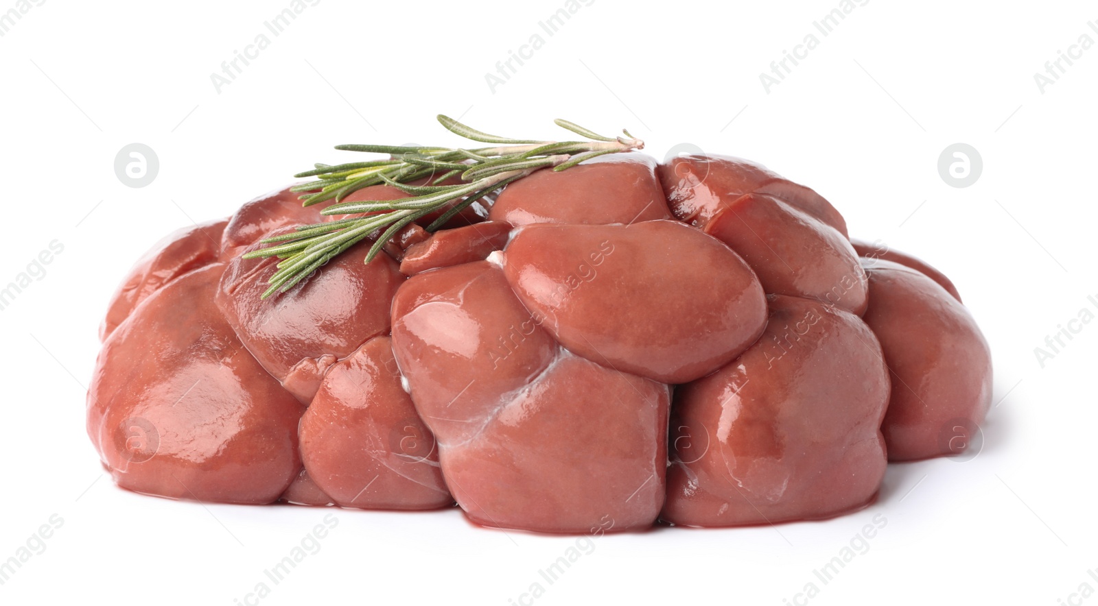 Photo of Fresh raw kidney meat with rosemary isolated on white