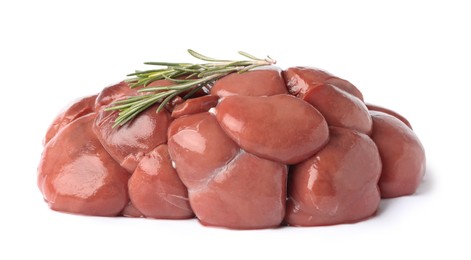 Photo of Fresh raw kidney meat with rosemary isolated on white