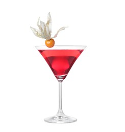 Photo of Refreshing cocktail decorated with physalis fruit on white background