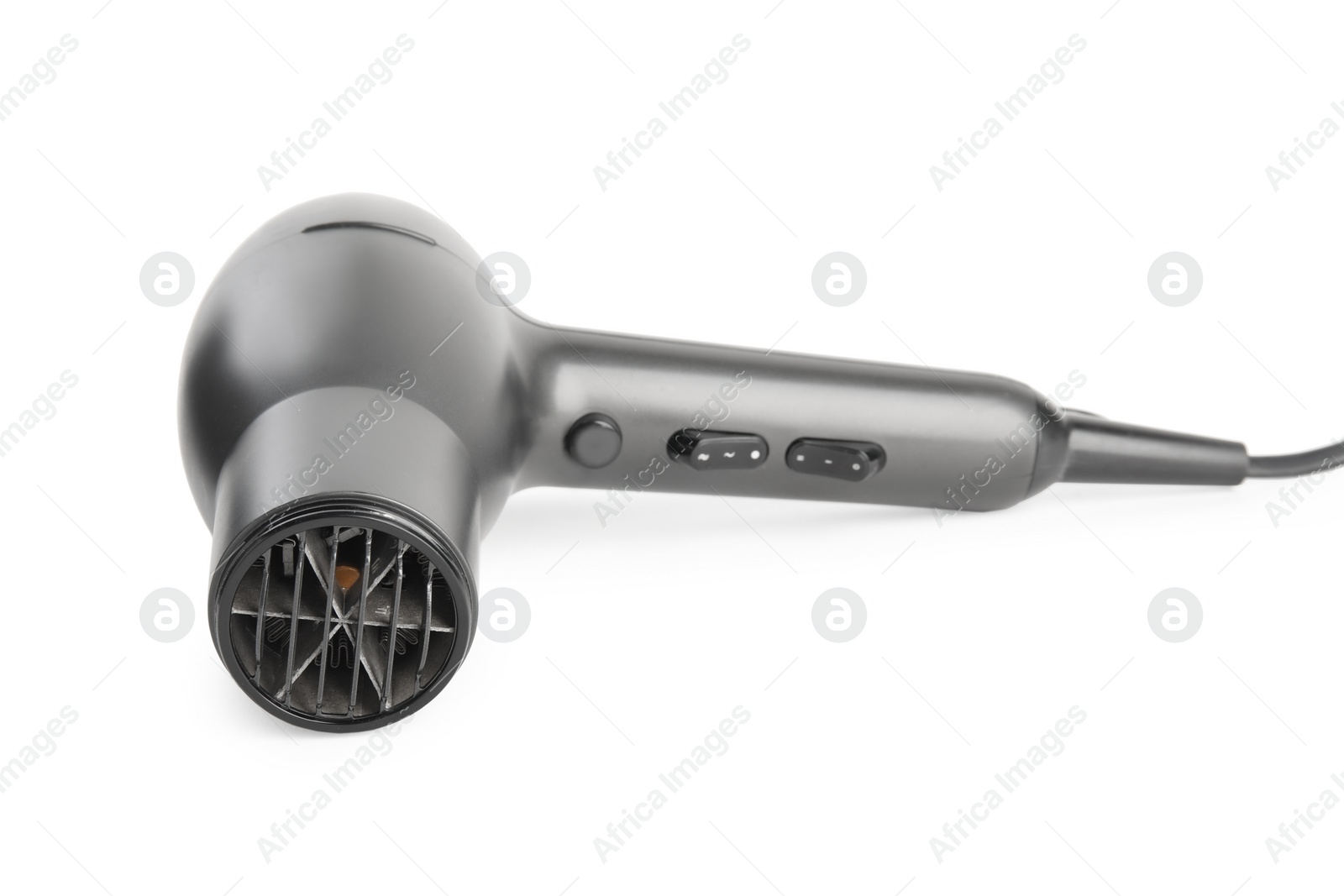 Photo of Modern hair dryer isolated on white. Professional hairdresser equipment