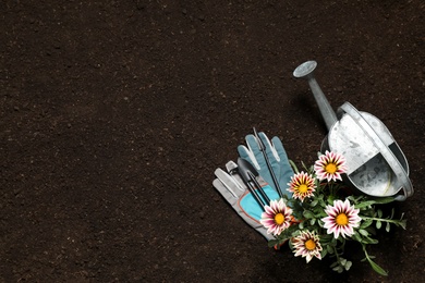 Photo of Gardening equipment and flower on soil, flat lay. Space for text