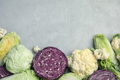 Flat lay composition with different cabbages on grey background