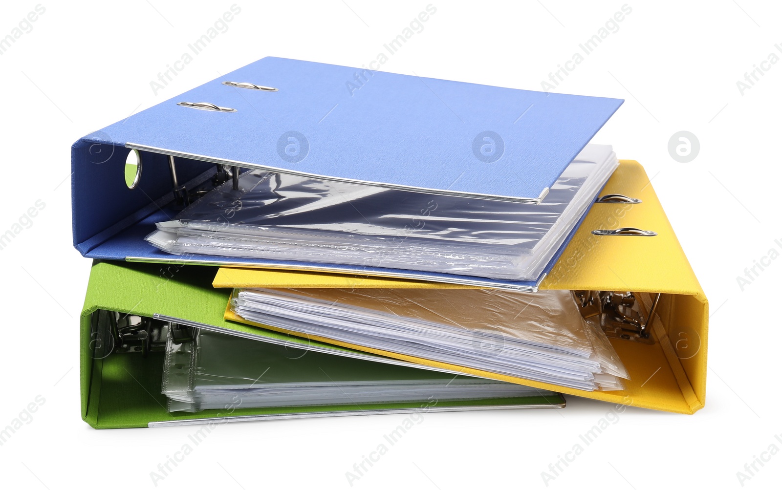 Photo of Many bright office folders isolated on white